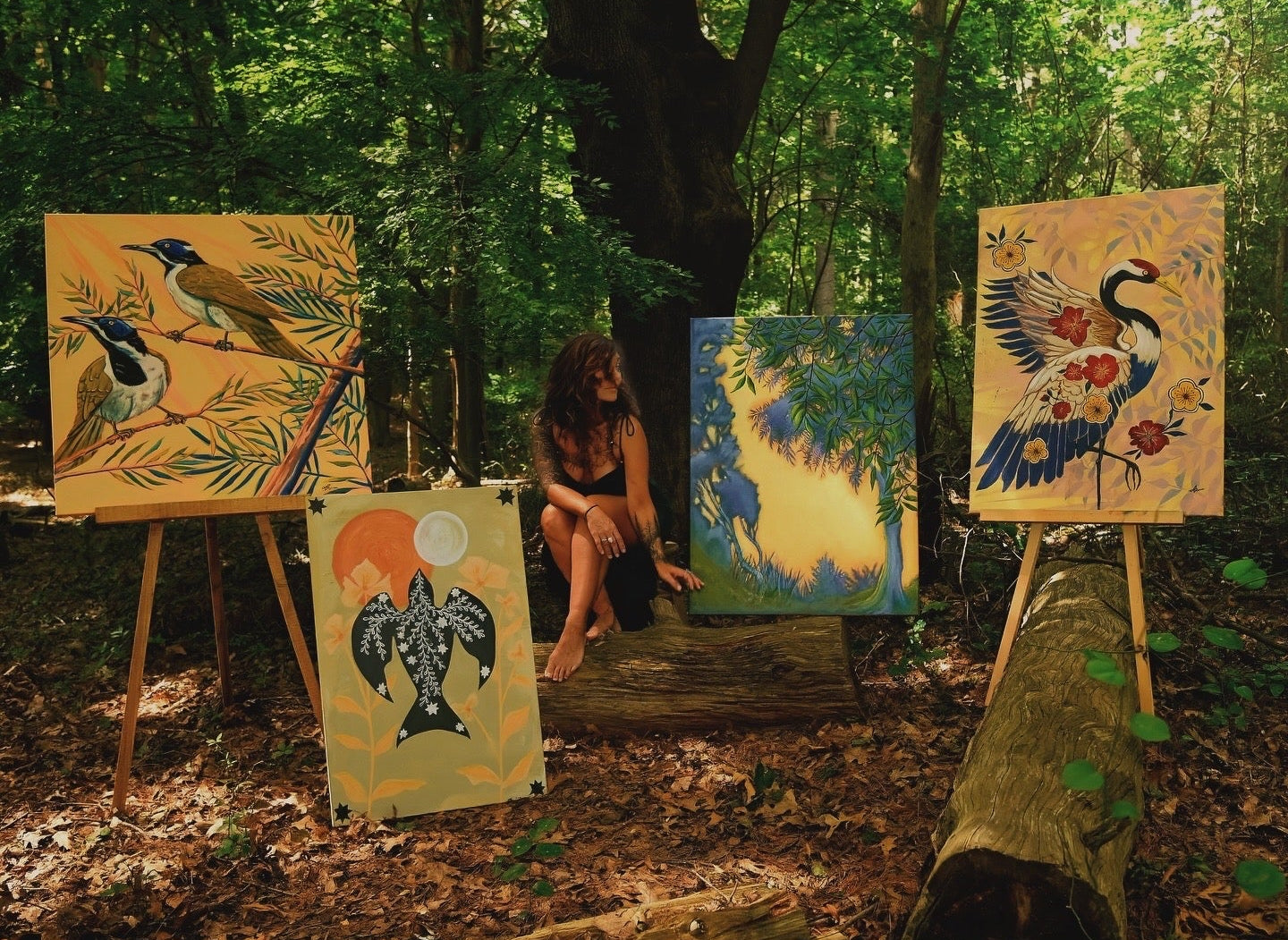 Person sitting among paintings of birds and nature in a forest setting