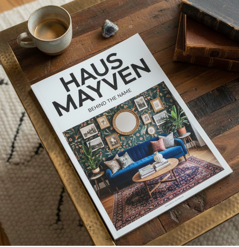 Book titled 'Haus Mayven' on a wooden table with a cup of coffee and decorative items.