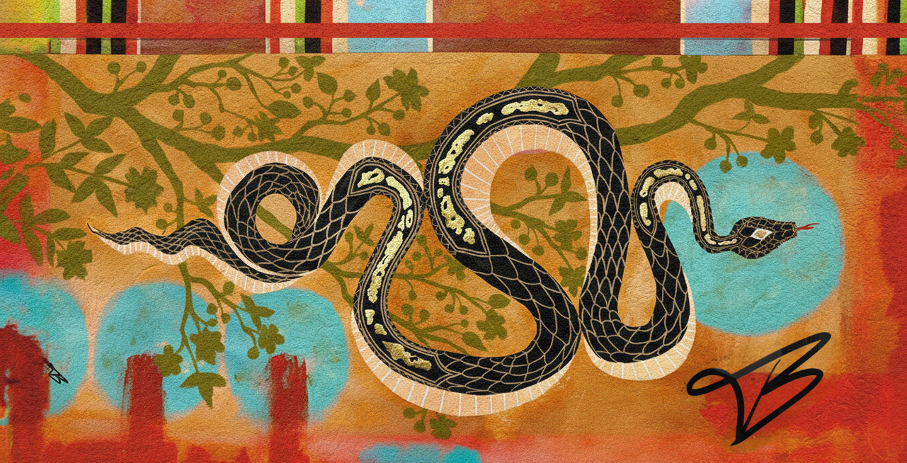 Colorful artwork of a snake coiled on a branch with abstract background