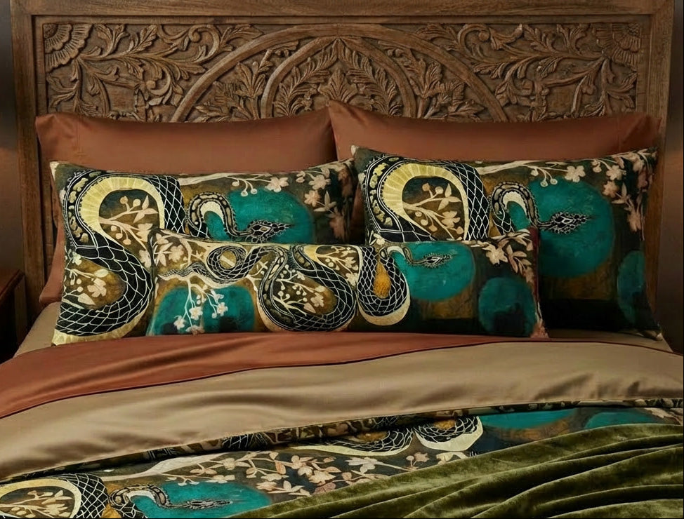 Decorative pillows with intricate patterns on a bed with a wooden headboard.